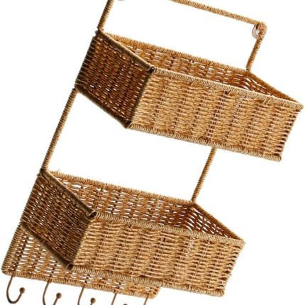 Woven Wall Mount 2-Tier Storage Sorter Basket with 5 Hooks Rattan Hanging Fruit Basket Kitchen Vegetables Organizers for Cutlery Condiment